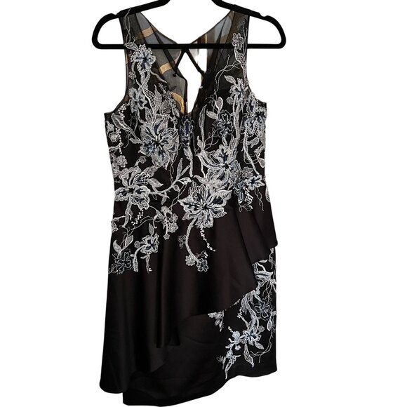 Rickie Freeman Teri Jon Size 12 Black & Silver Embroidered Sleeveless Mini Dress - Picture 2 of 16
